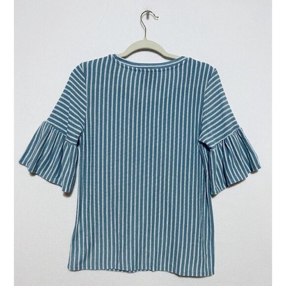 Anthropologie W5 Womens Medium Blue Striped Top Ruffle Sleeves Boho Stretch - Picture 4 of 7
